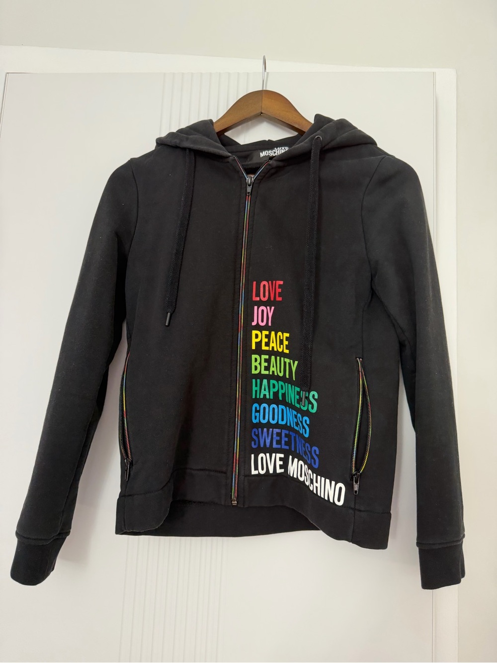 Love Moschino Black Kids Zip Hoodie with Rainbow Positive Words